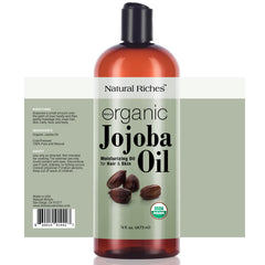 Natural Riches Jojoba Oil pour demonstrates its smooth texture ideal for quick skin absorption.