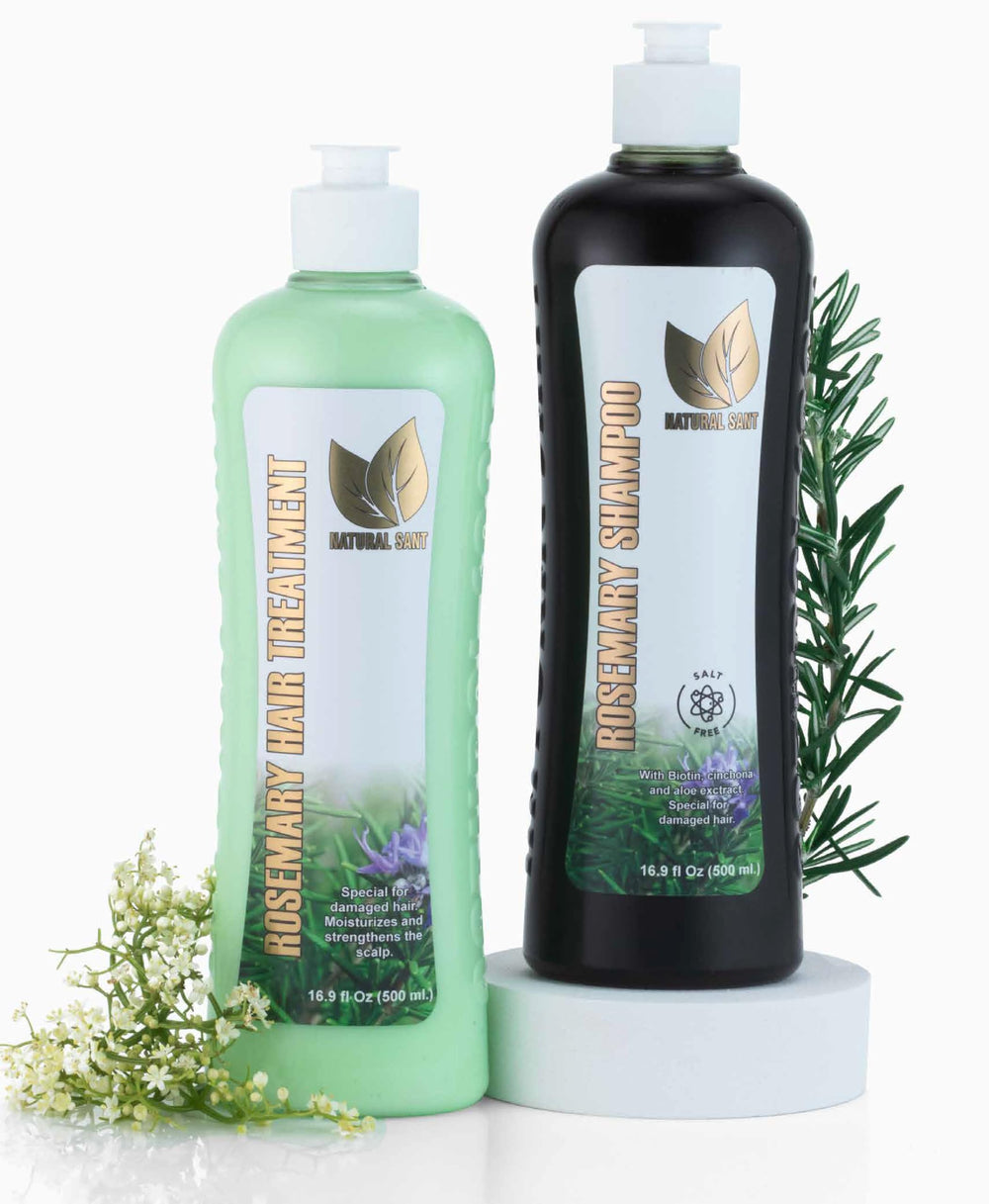 Natural Sant shampoing romarin cinchona, bouteille, purifie le cuir chevelu et revitalise les cheveux.