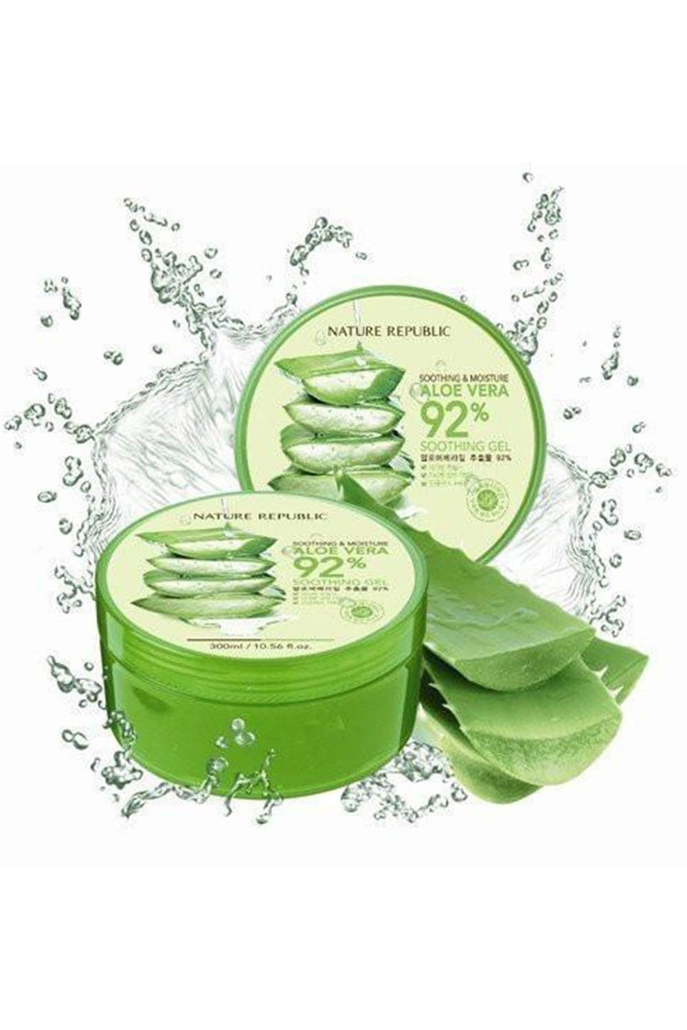 Nature Republic Gel Aloe Vera 92% en bouteille 312 ml, hydratation rapide sans film collant.