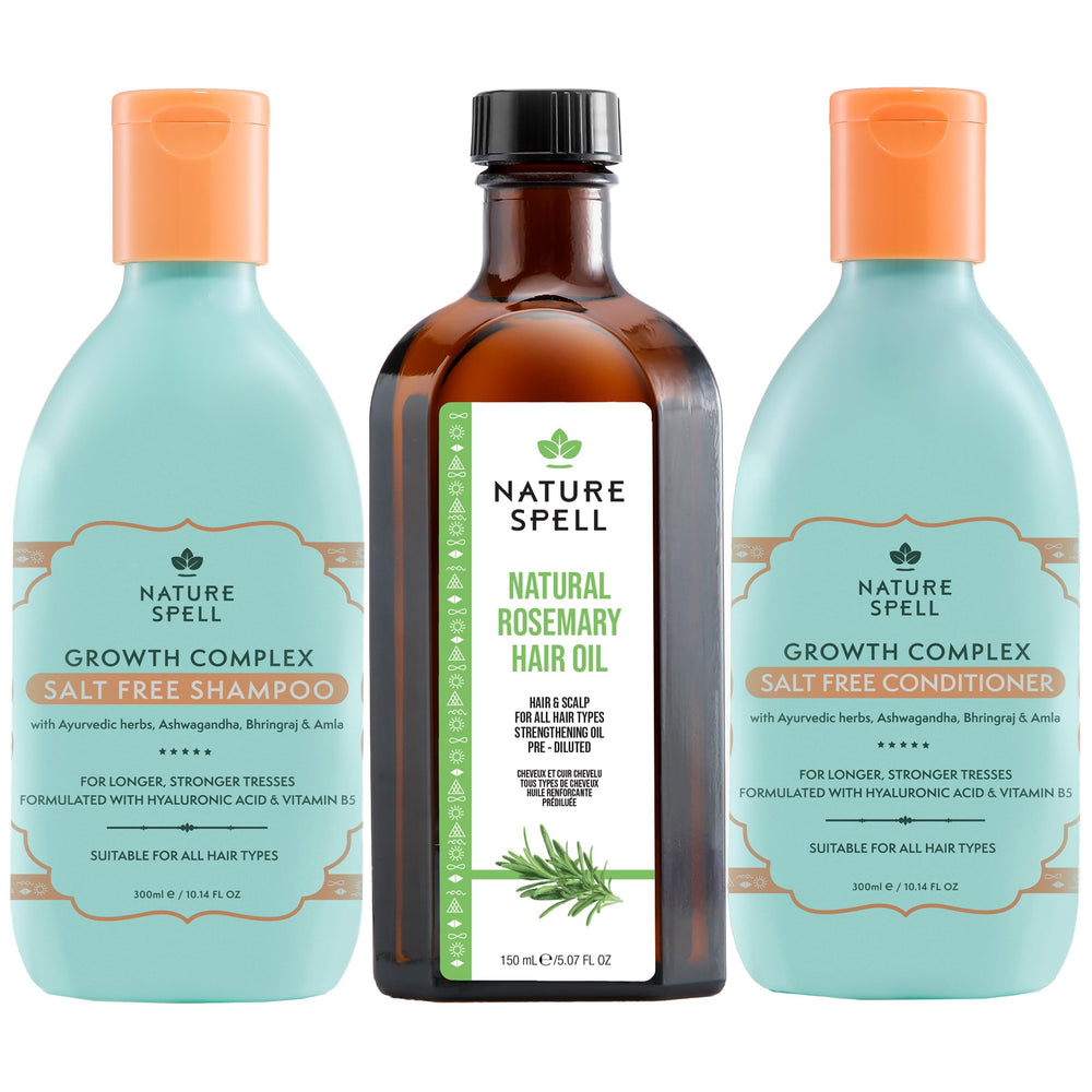 Nature Spell huile romarin, bouteille visible, stimulant potentiellement la croissance des cheveux.