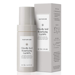 Naturium gel resurfacant 10% – bouteille montrant l'exfoliation du visage.