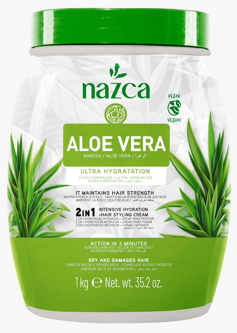Nazca Aloe Vera 2-en-1: crème hydratante pour cheveux, bouteille 1kg, douceur et brillance.