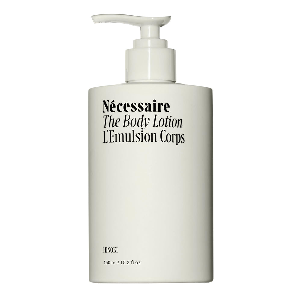Lotion corps Hinoki de Nécessaire – bouteille pompe, application pratique.