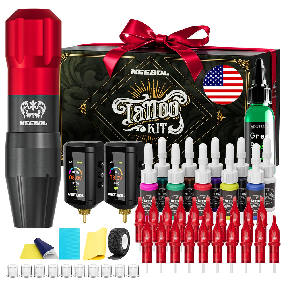Neebol Tattoo Gun Kit en main, prêt à démarrer.