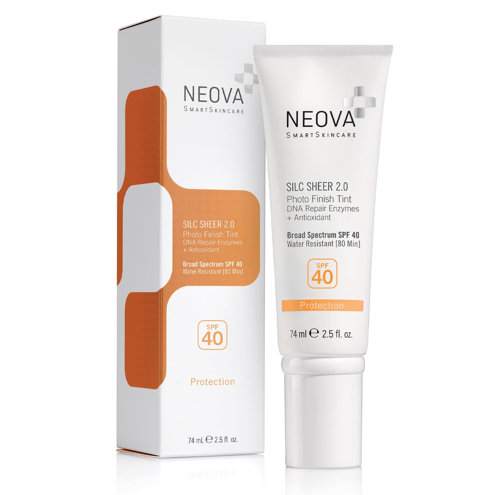 NEOVA Silc Sheer 2.0 bouteille montrant la protection UV et le fini léger
