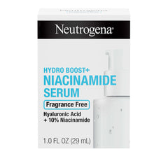 Sérum Neutrogena Hydro Boost + Niacinamide dans la bouteille, hydrate durablement la peau.