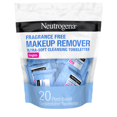 Lingettes démaquillage Neutrogena sans parfum, emballage individuel pour voyage.