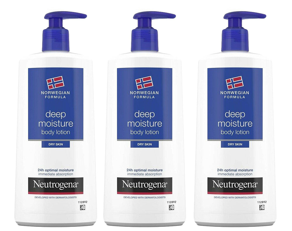 Lotion Neutrogena Deep Moisture dans sa bouteille, hydratation durable pour peau sèche