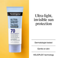 Neutrogena Ultra Sheer SPF70, formule sans huile et agréable à porter.