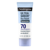 Neutrogena Ultra Sheer SPF70 en bouteille, texture Dry-Touch légère et non grasse.