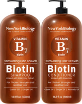 Shampoing biotine NEW YORK BIOLOGY – bouteille visible, cheveux plus épais après lavage.