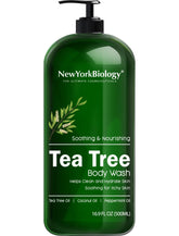 Gel Douche Arbre à Thé NEW YORK BIOLOGY – bouteille blanche prête pour une douche hydratante et apaisante.