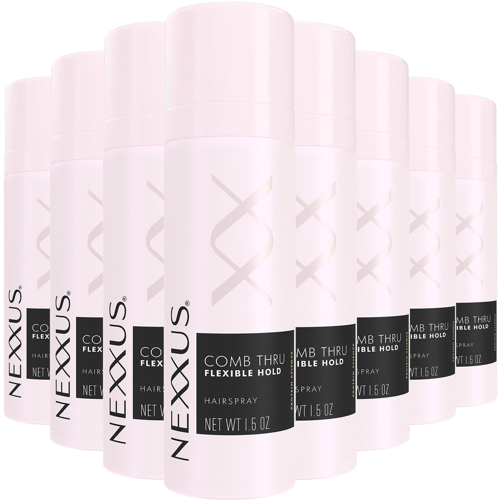 Nexxus Comb Thru spray cheveux, bouteille rose prête pour le voyage et tenue légère.