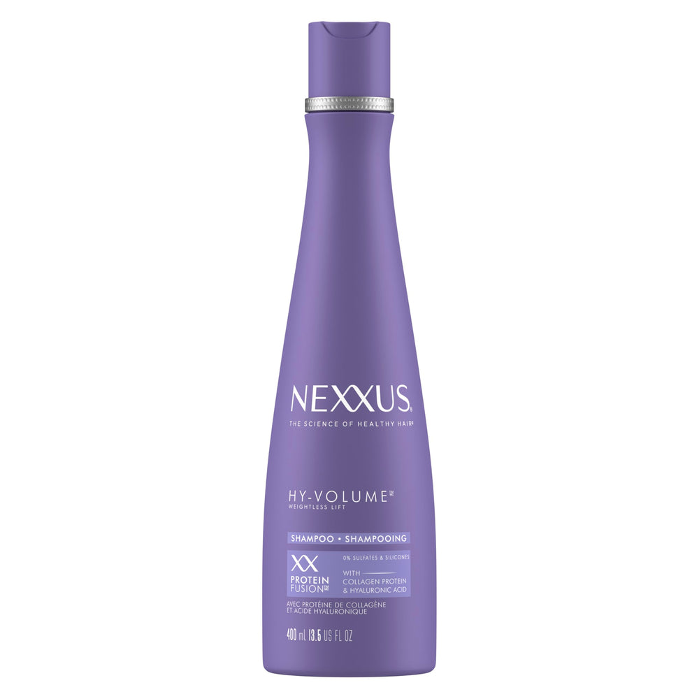 Nexxus Hy-Volume Shampoo, bouteille lumineuse, volume durable dès la première utilisation.