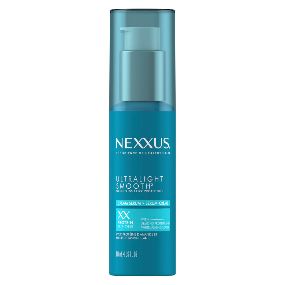 Nexxus Ultralight Smooth Serum sur la bouteille, lutte contre les frisottis tout en apportant de la brillance.