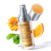 NING DERMOLOGIE Vitamin C Serum bottle close-up highlighting brightening benefits.
