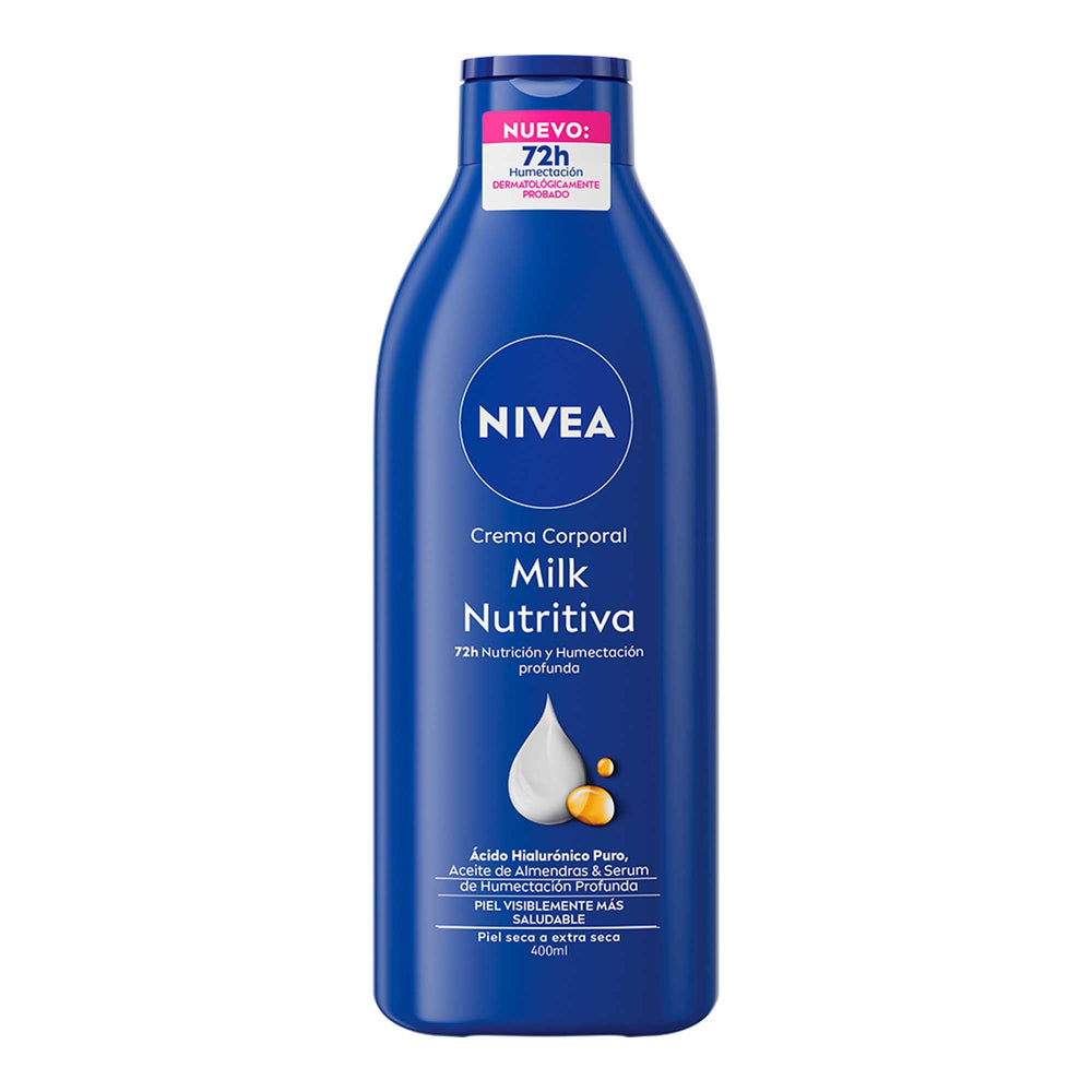 Lait corporel NIVEA nourrissant, bouteille moderne pour hydratation quotidienne efficace.