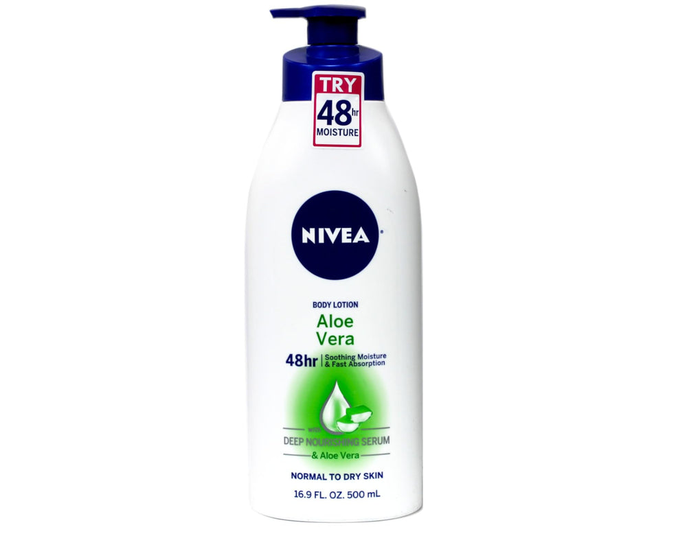 NIVEA Lotion Aloe Vera, pompe 48h, hydratation durable sans fini gras.