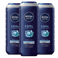 NIVEA MEN Cool Body Wash devant la bouteille, rafraîchissement rapide après la douche.