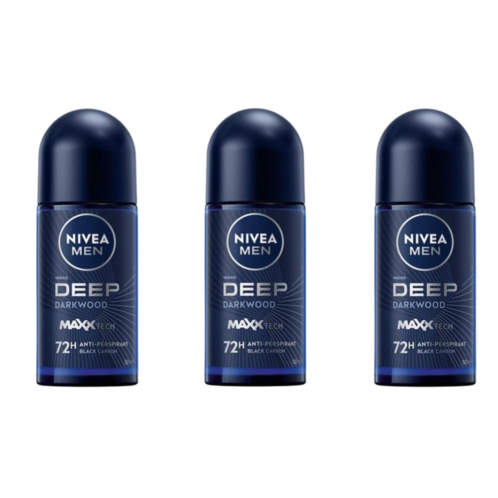 NIVEA MEN DEEP Darkwood roll-on bottle showing 72-hour protection and fresh fragrance