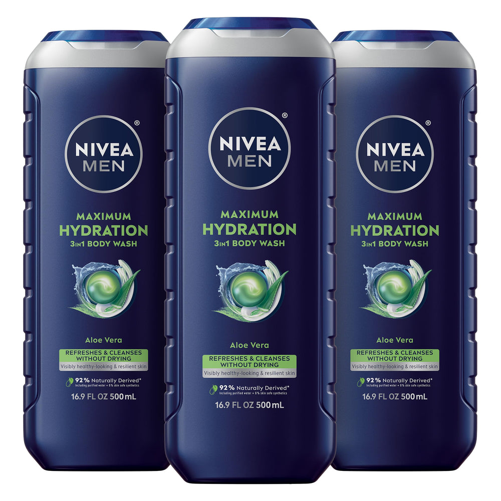 Bouteille NIVEA MEN Maximum Hydration 3-en-1, idéale pour corps, visage et cheveux.