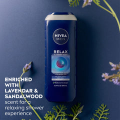NIVEA MEN Relax bottle back label highlighting vegan formula and sustainability