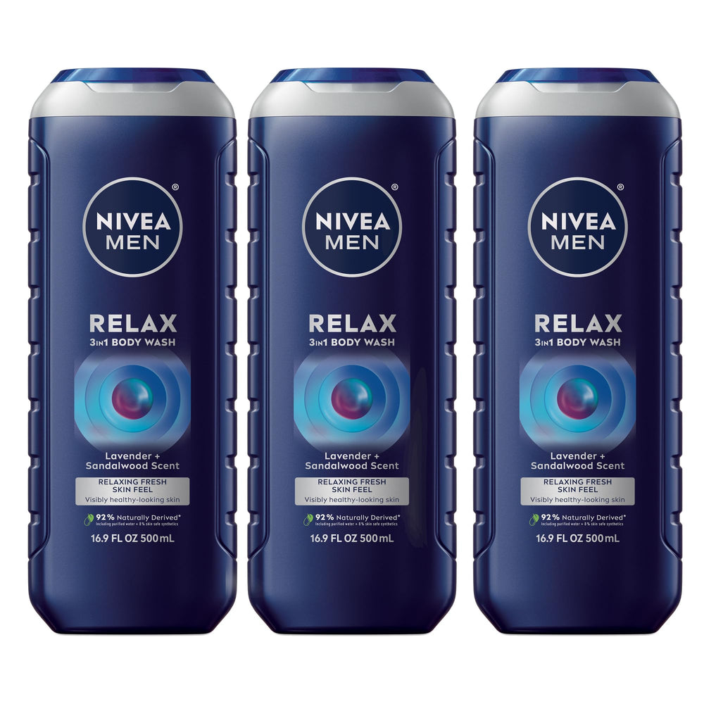 NIVEA MEN Relax bottle front view with lavender-sandalwood vibe for nightly wind-down
