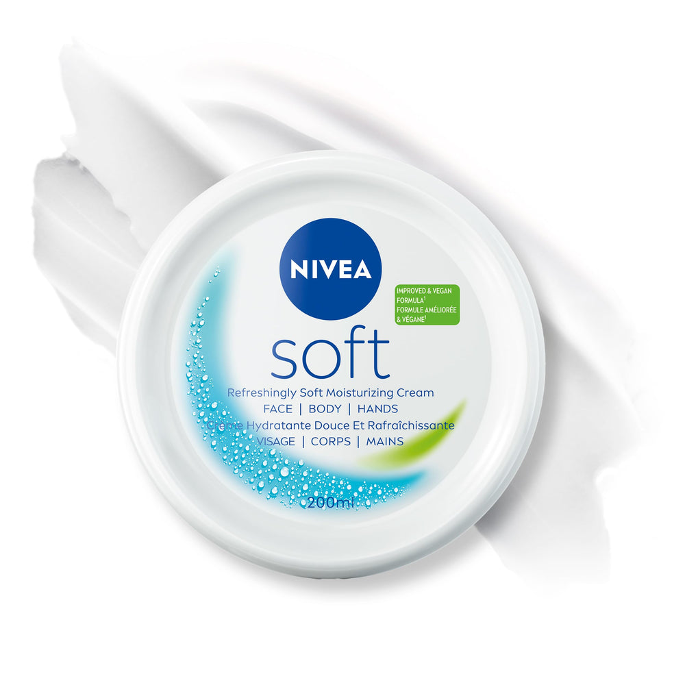 NIVEA Soft en pot 6,8 onces démontrant hydratation durable.