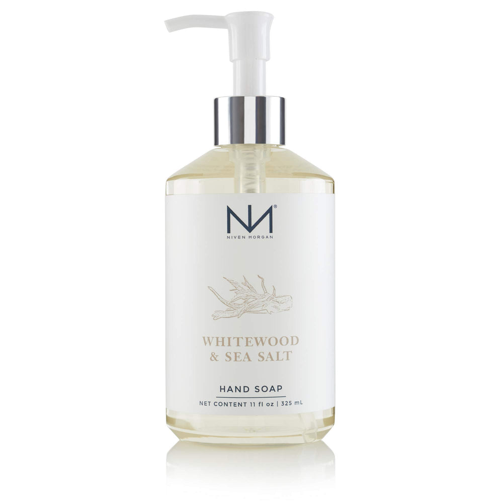 Bouteille de savon mains Niven Morgan Whitewood et sel de mer, parfum frais et hydratant.