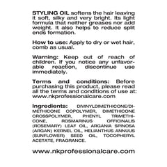NK Professional Care Styling Oil sur les mains, prêt à lisser les longueurs.
