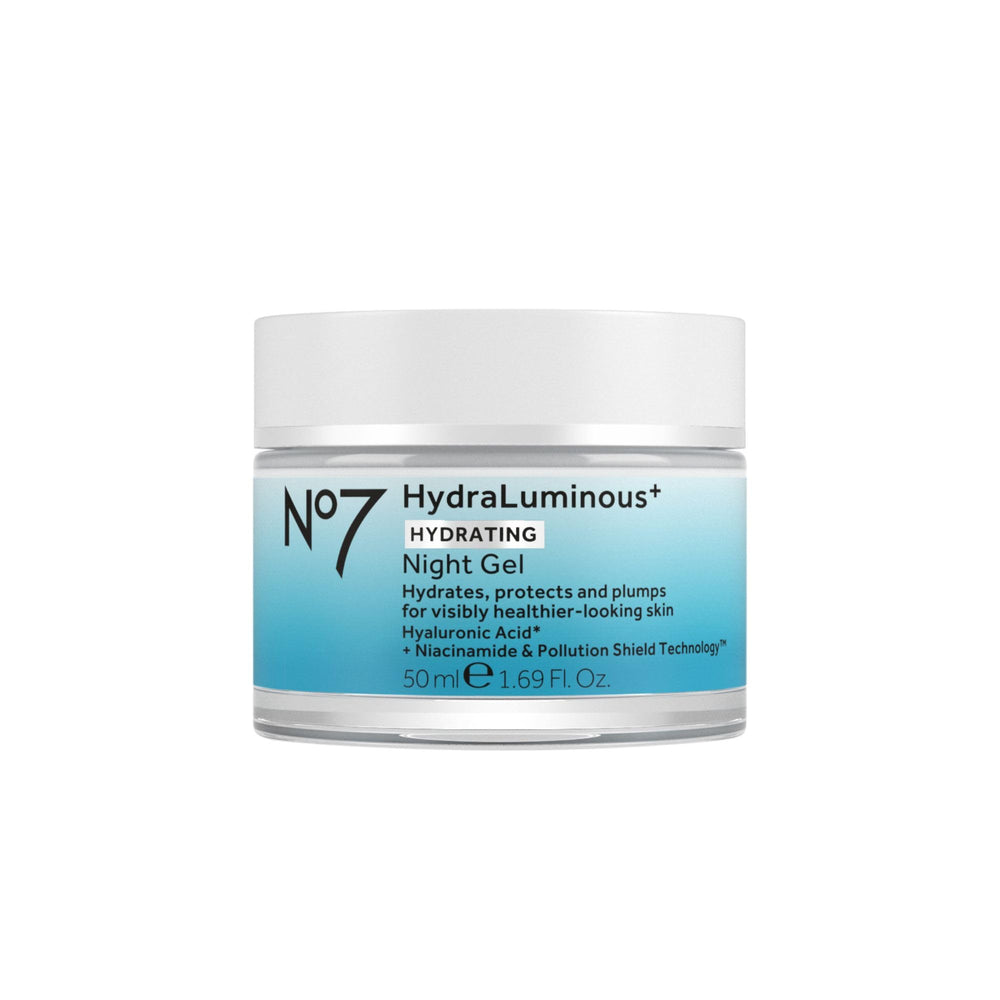 Vue de la bouteille No7 HydraLuminous, gel nocturne prêt à hydrater la peau.
