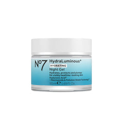 Vue de la bouteille No7 HydraLuminous, gel nocturne prêt à hydrater la peau.