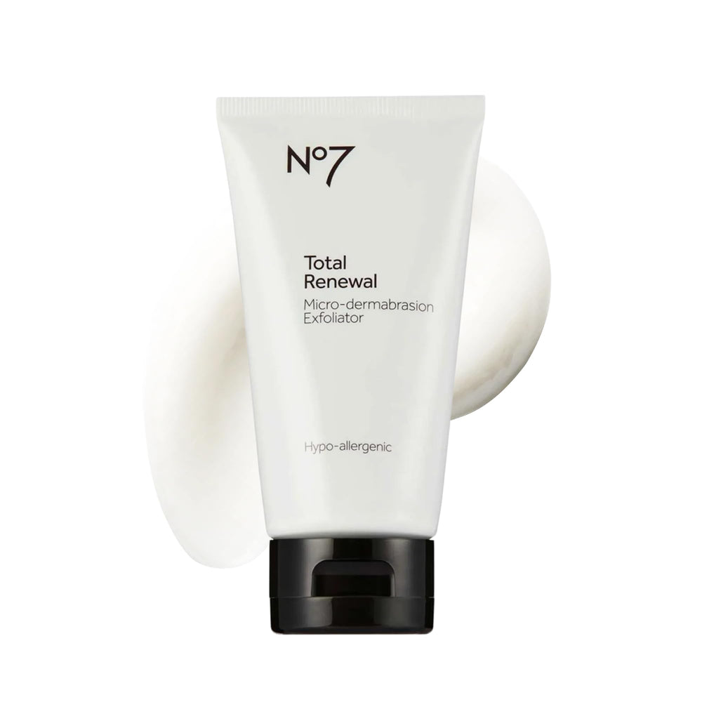 No7 Microdermabrasion Total Renewal jar close-up shows gentle exfoliation for radiant skin
