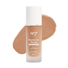 No7 Restore & Renew foundation bottle showing a light, skin-smoothing formula.