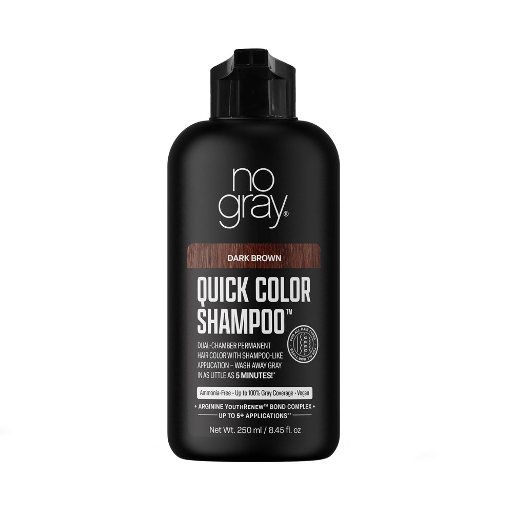 Shampooing No Gray brun foncé affichant une couleur naturelle.