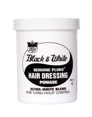 Pomade Black et White Pluko, bouteille 200 ml, offre tenue durable.
