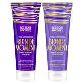 Shampoing et après-shampoing Blonde Moment en duo, flacons visibles et réduction des tons jaunes.