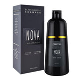 Nova Shampoo: bouteille noire montrant une solution 3-en-1 pour cheveux gris.