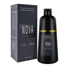 Nova Shampoo: bouteille noire montrant une solution 3-en-1 pour cheveux gris.