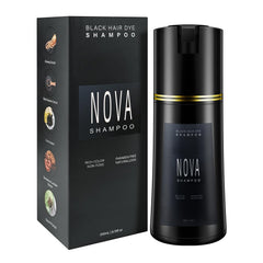 Nova Shampoo bouteille noire montre le format pratique pour une coloration à domicile.