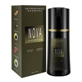 Nova Shampoo gray-coverage bottle demonstrates 3-in-1 color and care.
