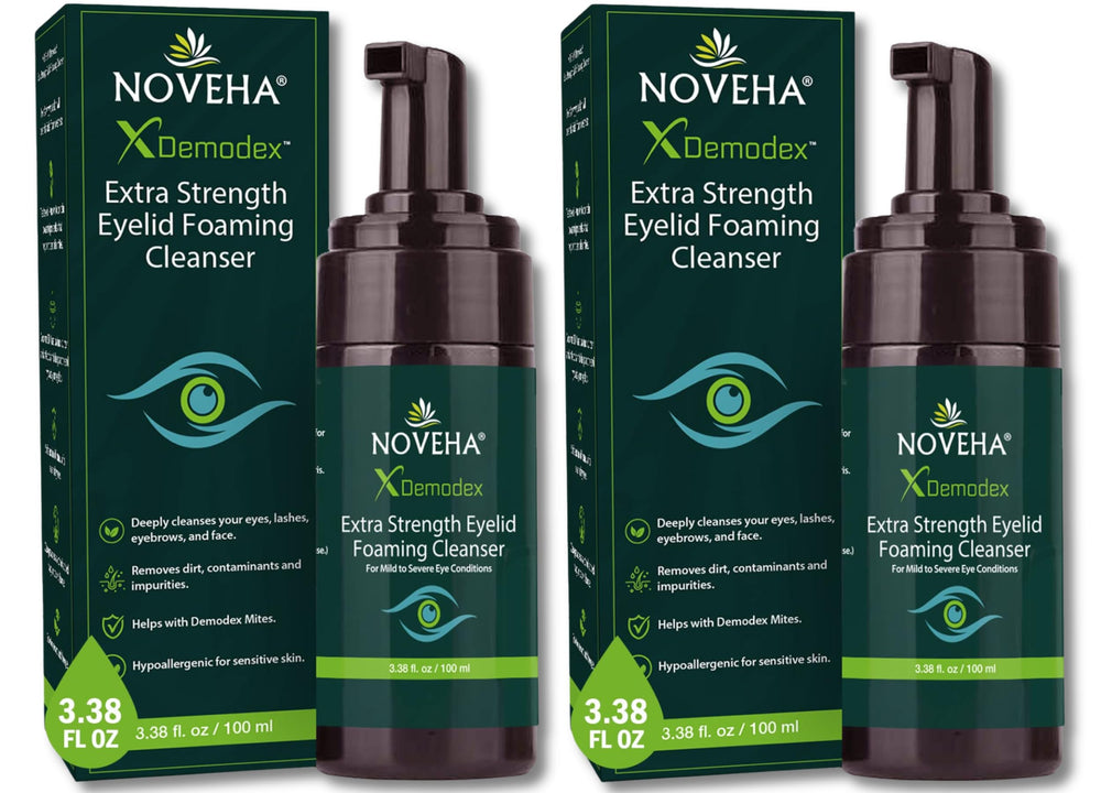 NOVEHA Demodex Eyelid Cleanser Foam – bouteille, nettoyage délicat des paupières.