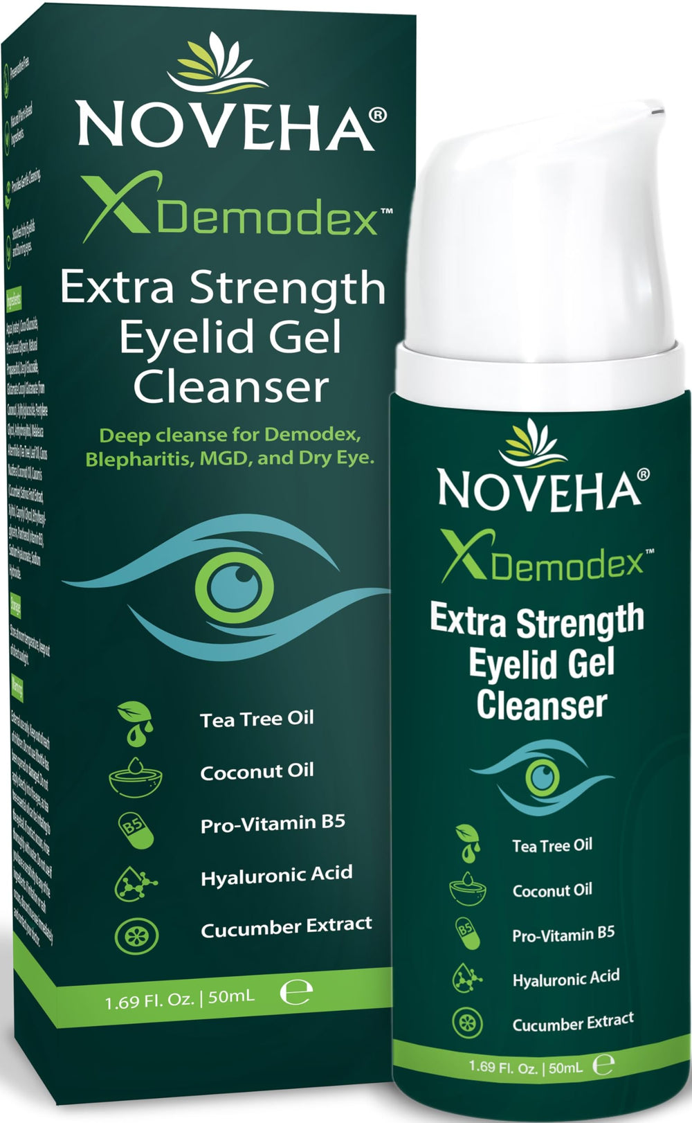 NOVEHA Demodex Gel Nettoyant Yeux – bouteille 50 ml prête à l'emploi pour un nettoyage en douceur.
