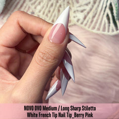 NOVO OVO ongles-tip franc stiletto blancs Berry Pink, longueur modifiable et finition soignée.