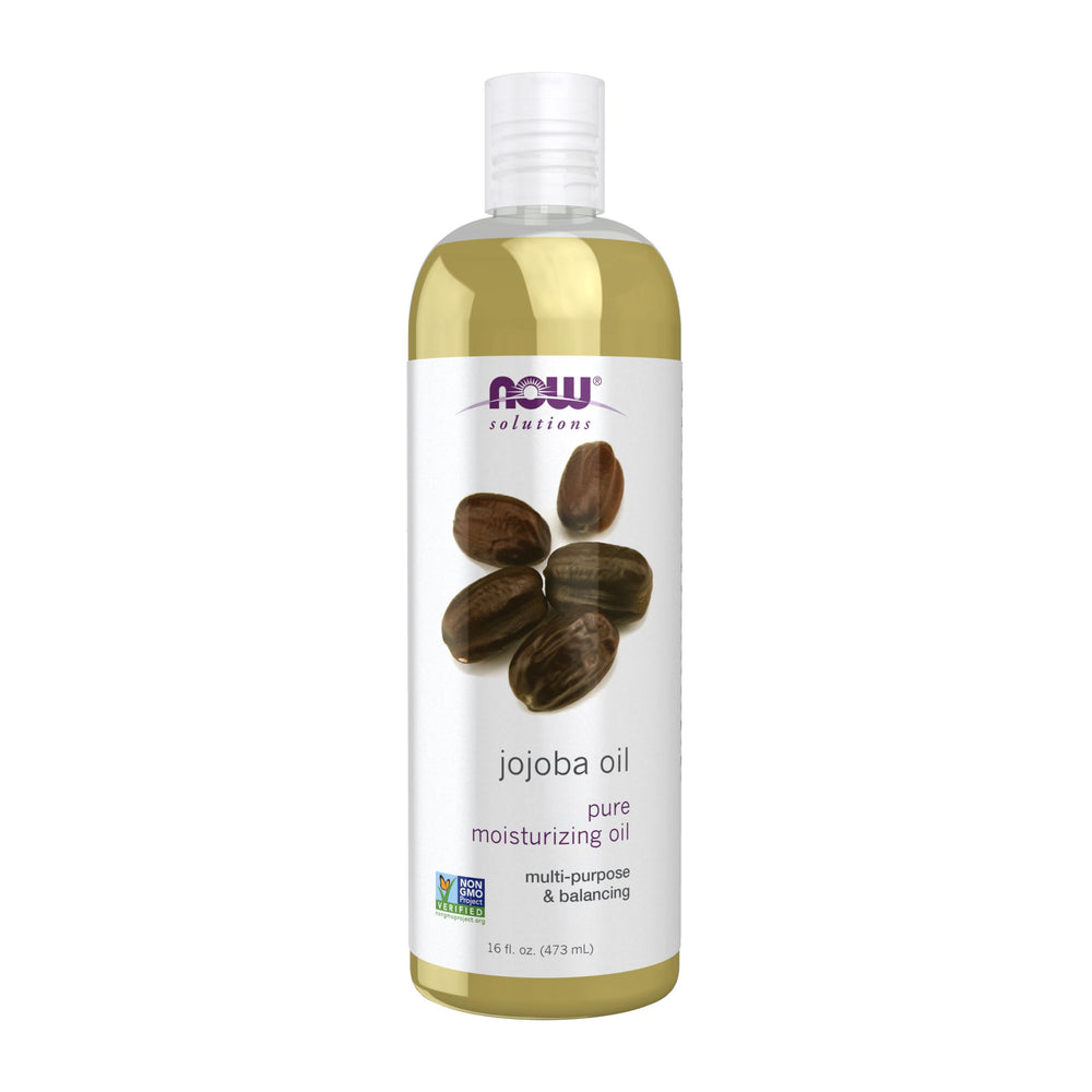 NOW Foods Jojoba Oil dans sa bouteille transparente, hydratation légère pour peau et cheveux.