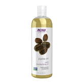 NOW Foods Jojoba Oil dans sa bouteille transparente, hydratation légère pour peau et cheveux.