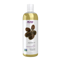NOW Foods Jojoba Oil dans sa bouteille transparente, hydratation légère pour peau et cheveux.