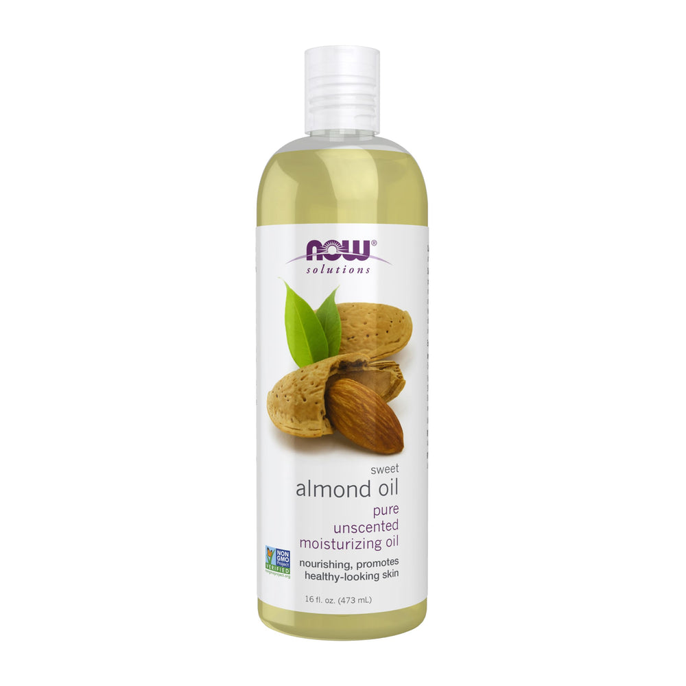 NOW Foods Solutions Huile d'amande douce – bouteille transparente et huile légère hydratante.
