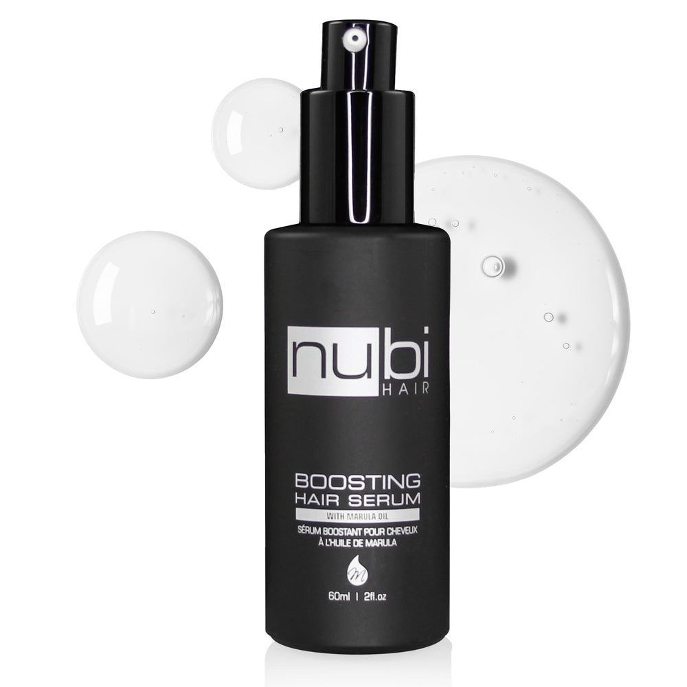 Nubi Marula Sérum anti-frizz sur bouteille, réduit les frisottis et apporte brillance.