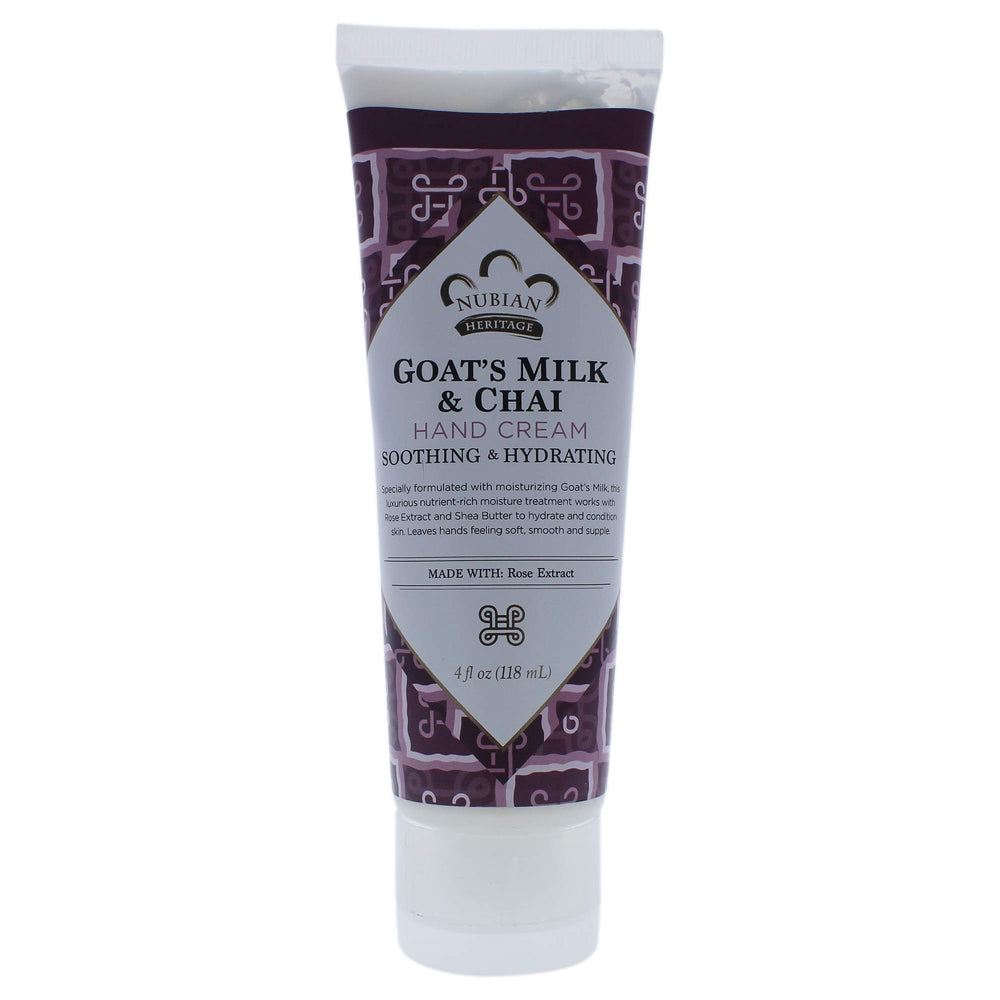 Nubian Heritage crème mains au lait de chèvre et chai, hydratation nourrissante.